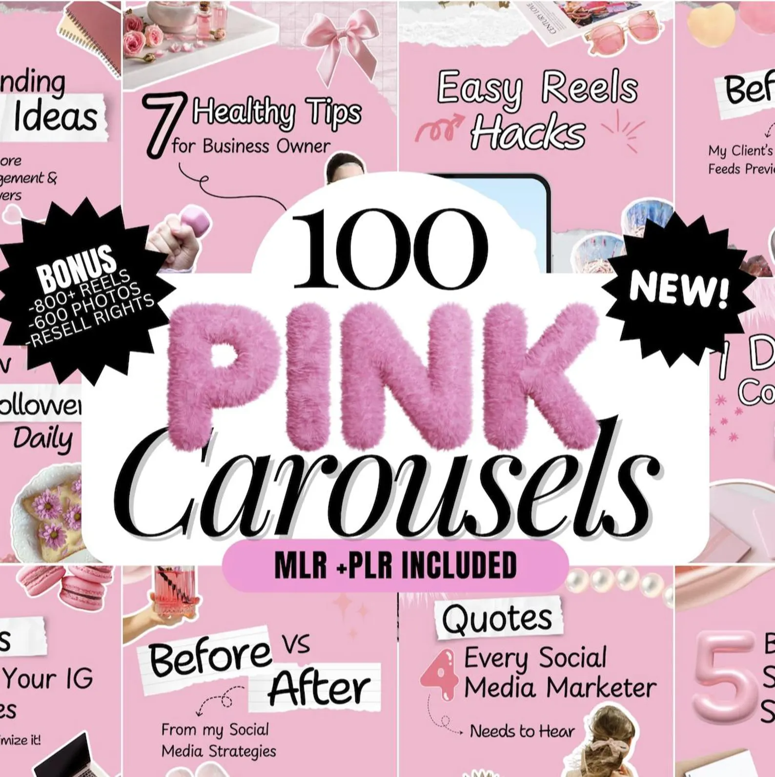 100 Aesthetic Pink Instagram Carousel Templates | Editable Canva PLR MRR