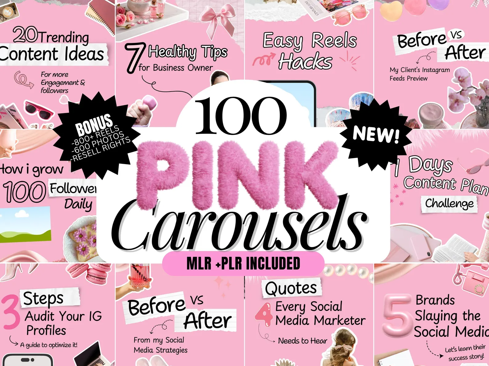 100 Aesthetic Pink Instagram Carousel Templates | Editable Canva PLR MRR - Image 5